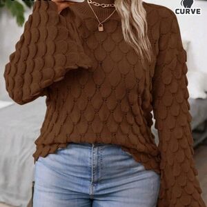 SHEIN Brown Scalloped Knit Sweater